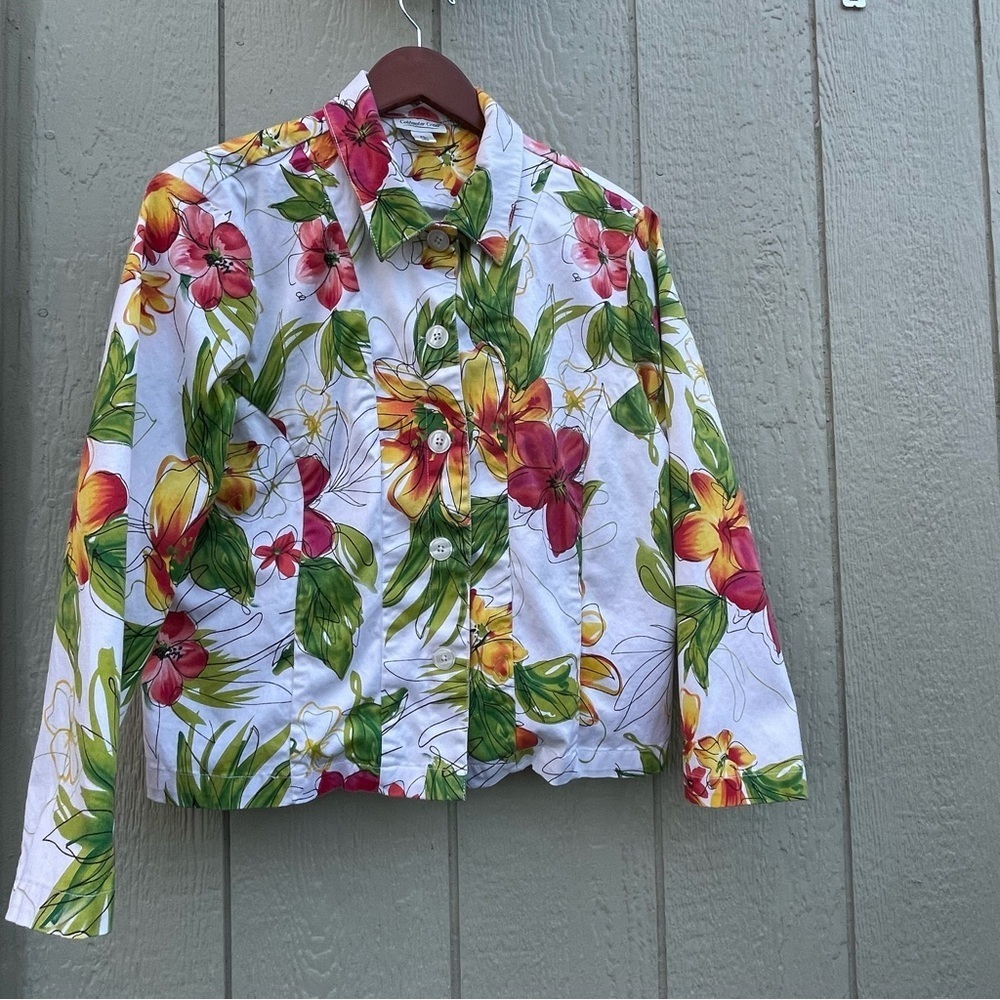 Coldwater Creek Jacket Womens PL Floral Pattern Button Up Long Sleeve Tropical